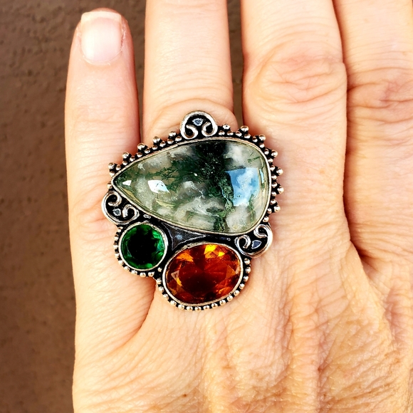 New Huge Moss Agate and Citrine 925 Silver Ring. - Picture 13 of 16